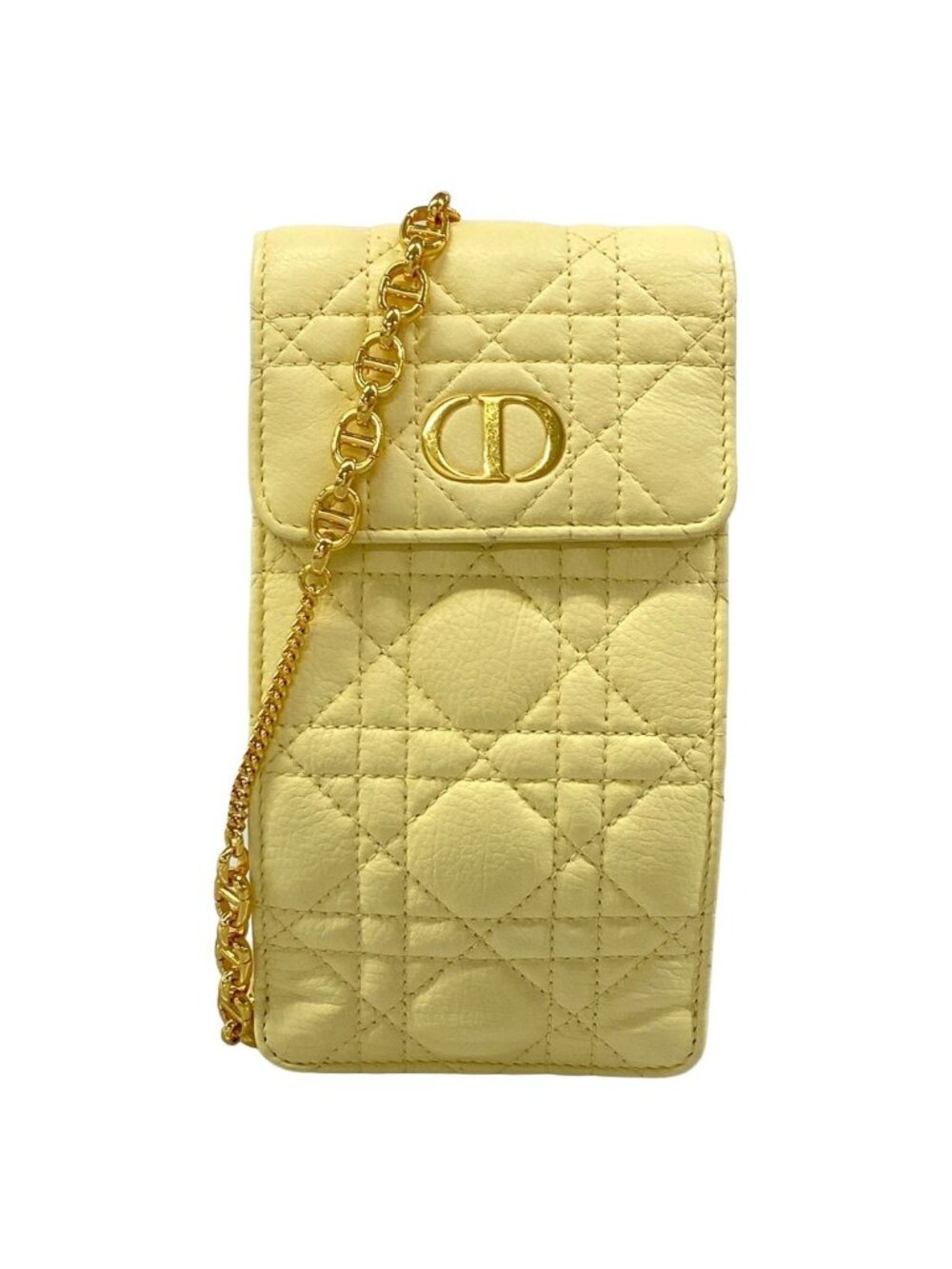 Dior Shoulder Bag Cannage Stitch Light Yellow Chain Smartphone Pochette